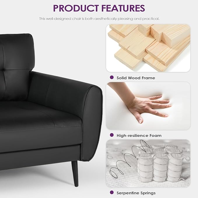 TYBOATLE Sofa Couch 61" Small Loveseat Couches for Living Room, Black Faux Leather Couch Mid Century Modern Tufted Mini Sofa Comfy Office 2 Seat Settee Love Seat Couches for Small Spaces Bedroom