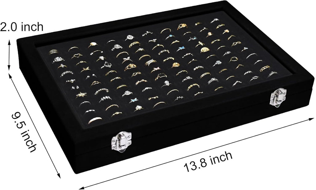 Velvet Ring Display Tray Organizer Box with Transparent Lid, 100 Slot Ring Holder Showcase For Store Display Jewelry Show Home, Ring Organizer For Rings Earrings (Black)