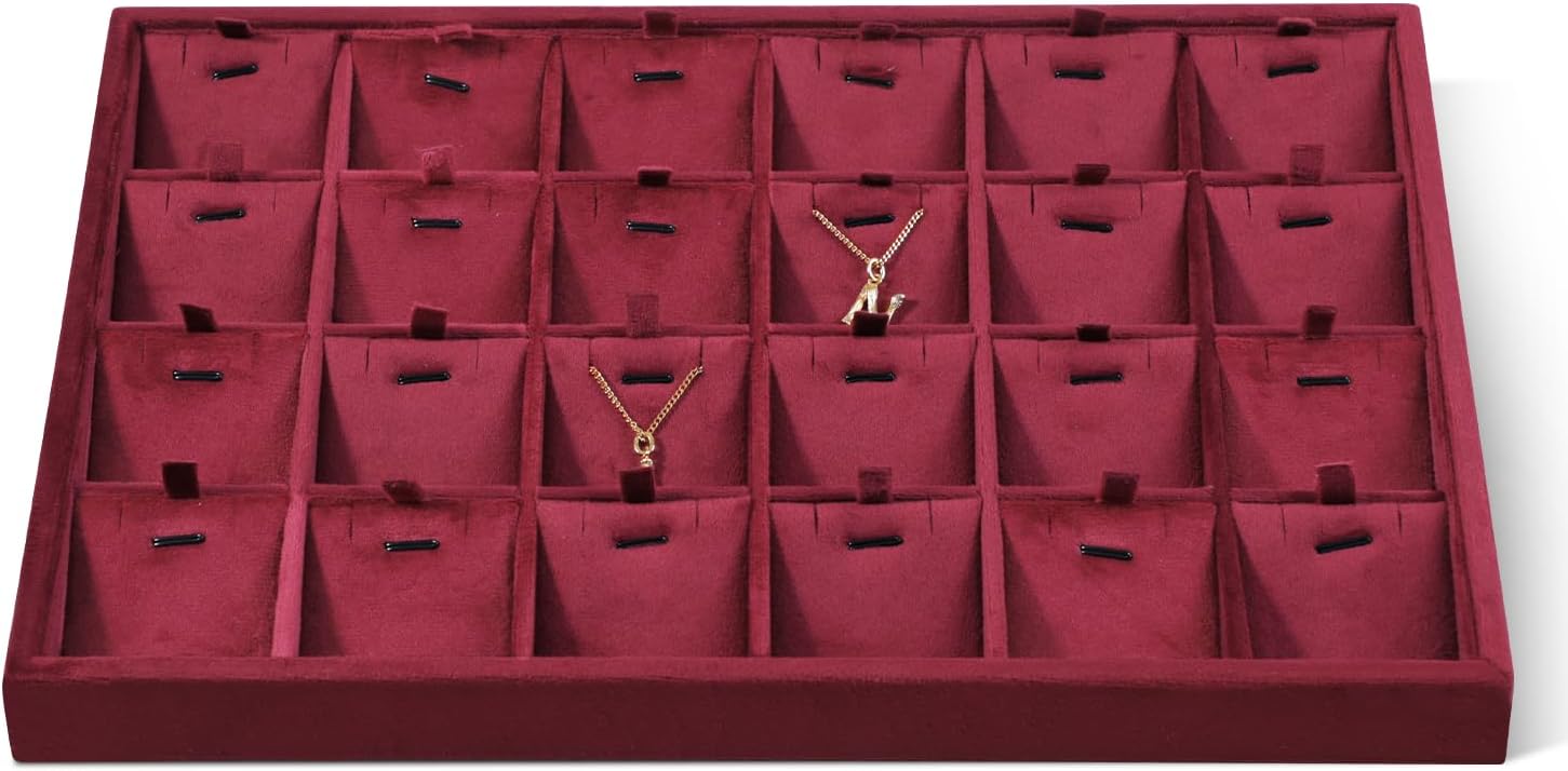 Velvet Necklace Display Tray, Stackable 24 Grid Insert Pendant Necklaces Storage Holder Plate, Jewelry Retail Countertop Organizer (Red)
