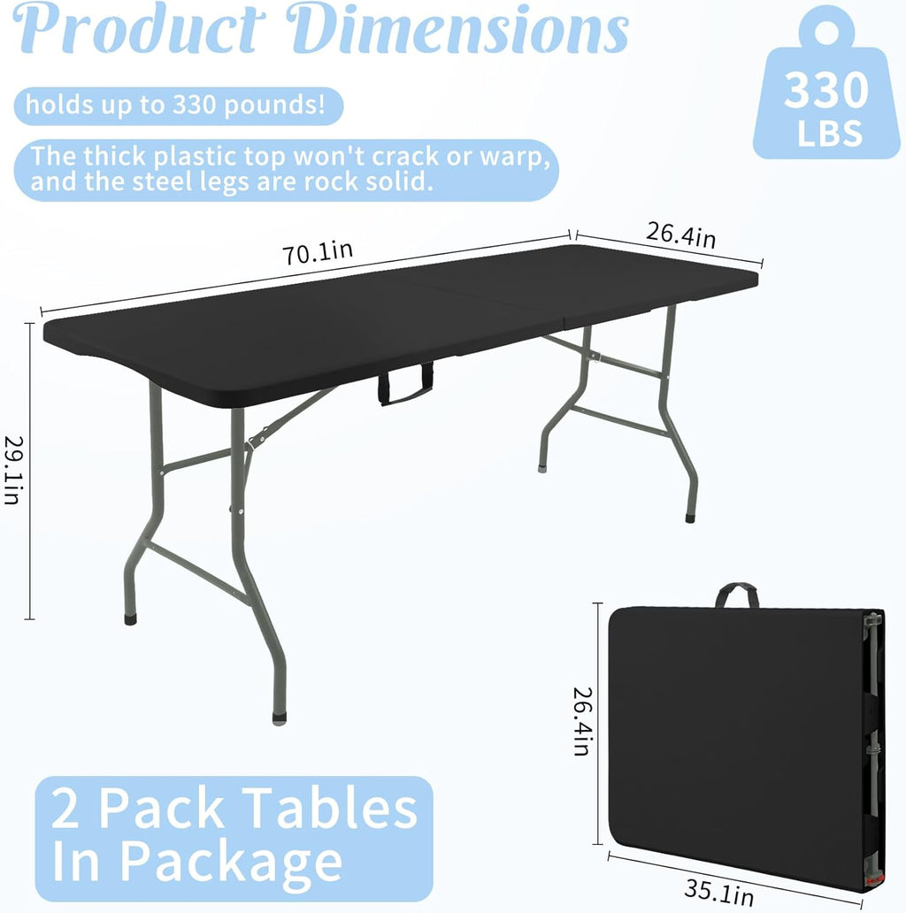 Fivenl 2 Pack 6 Feet Portable Folding Table Black, Steel Legs Fold-in-Half with Carrying Handle Rectangular Plastic Foldable Table for Party, Wedding, Camping, Picnic, Dining, Indoor Outdoor Events