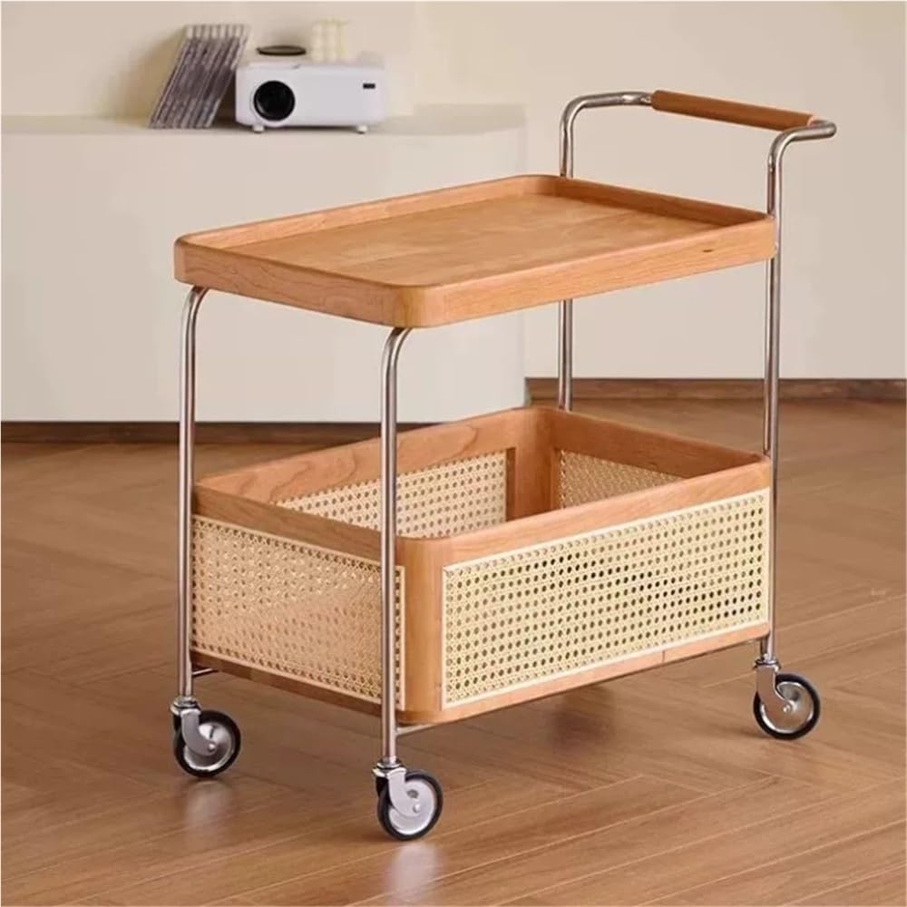 End Table Storage Trolley - 2-Layer Moveable Coffee Bedside Table with Caster...