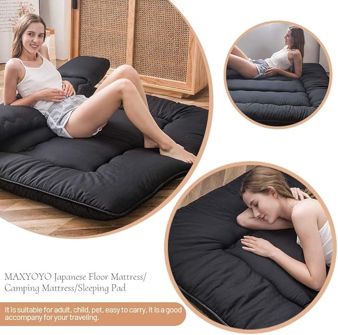 MAXYOYO Japanese Floor Mattress Futon Mattress, 4" Thicken Tatami Mat Sleeping Pad Foldable Roll Up Mat Boys Girls Dormitory Pad Kids Floor Lounger Pillow Bed, Black, Queen