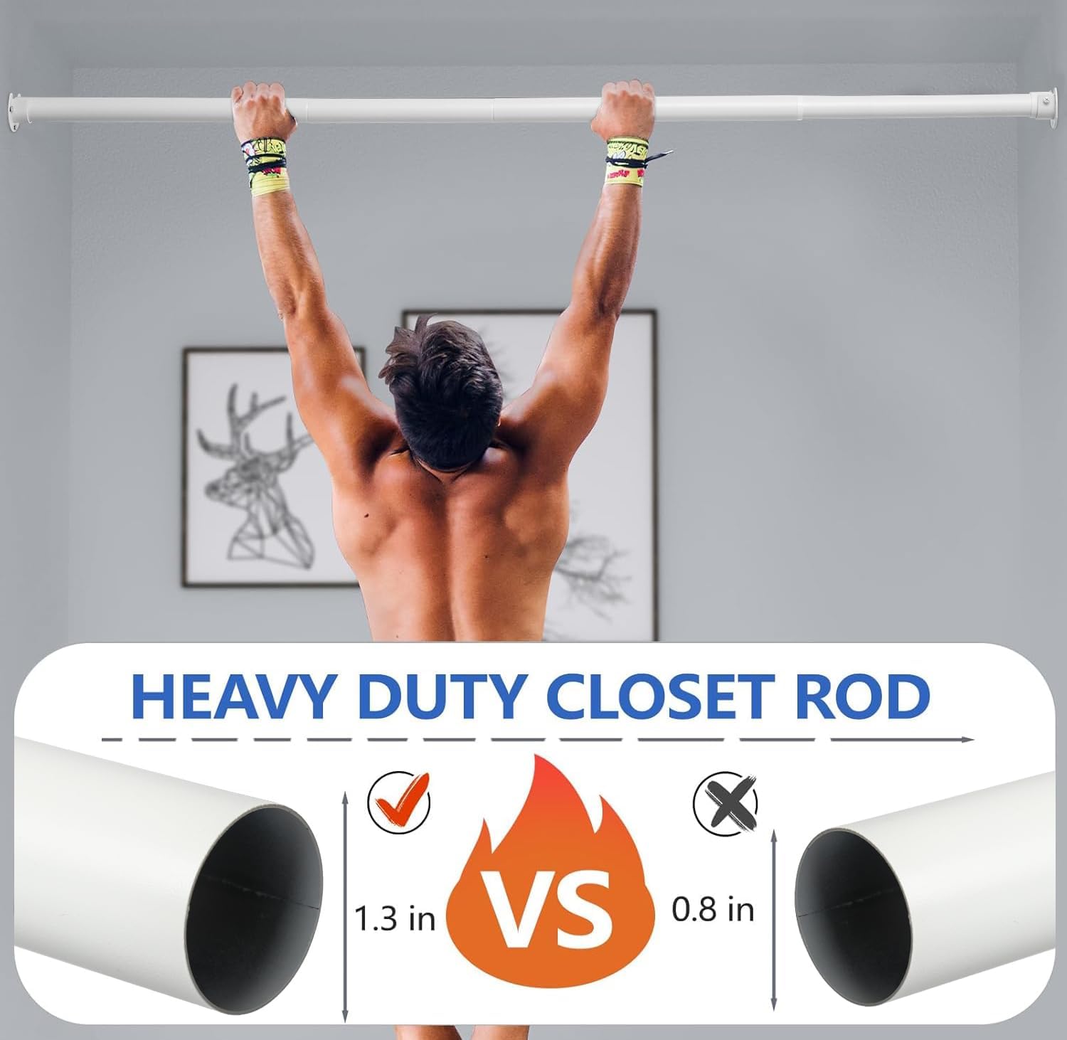 Closet Rod, 17 to 68Inch Closet Rods for Hanging Clothes, Heavy Duty Adjustable Closet Hanging Rod Bar White Closet Poles for Wardrobes, Closet, Bathroom, Windows, 1.3Inch Diameter