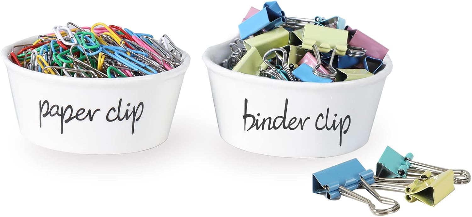 ONTUBE Ceramic Paper Clip Holder and Binder Clip Holder Set (White)