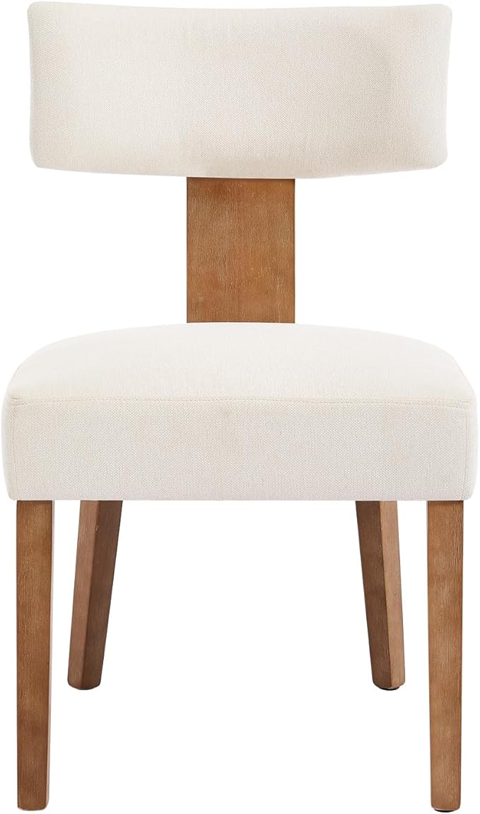 Modern Dining Chairs Set of 6, Upholstered Kitchen Chair with Curved Back, Farmhouse Linen Fabric Dining Room Chairs Modern Wood Chairs for Living Room/Home Office/Reception, Beige