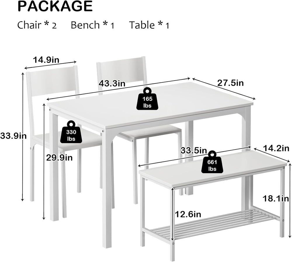 soges 4-Piece Dining Table Set with Bench - 4 Person Kitchen Table and 2 Chai...