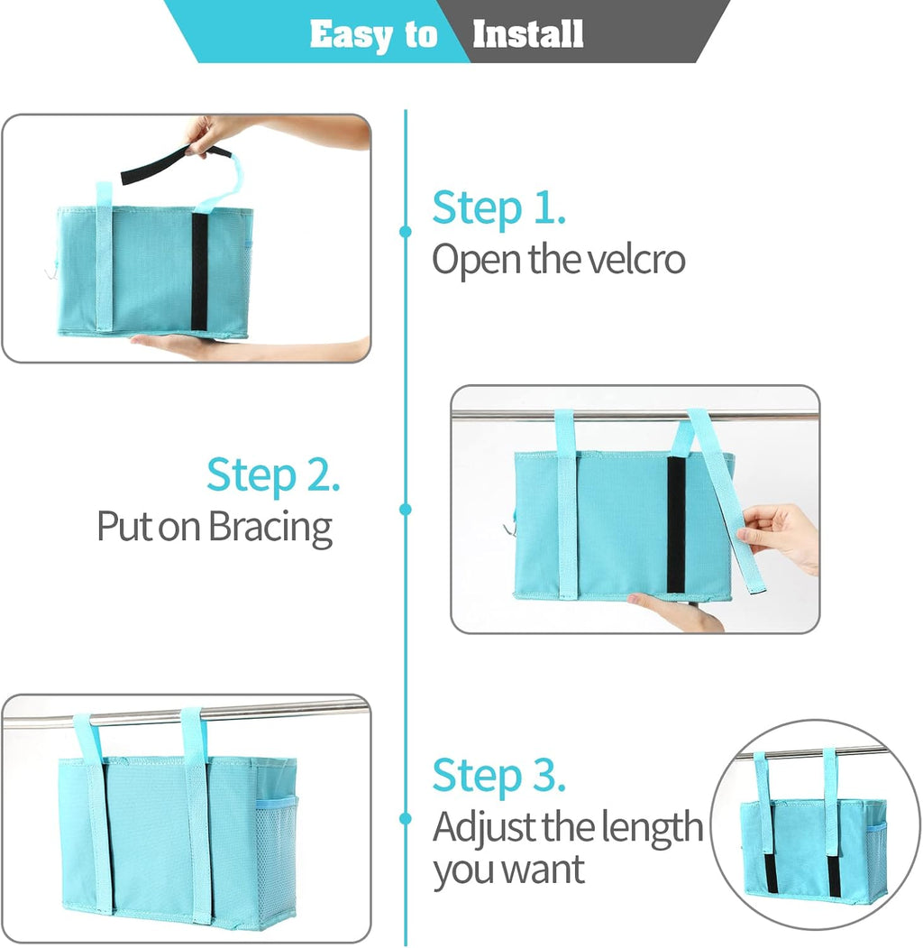 Bseash Bunk Bed Organizer, Bedside Caddy Hanging Bed Organizer Storage Bag with 4 Pockets and 2 Hooks, for College Dorm Rooms Bed, Hospital Bed, Baby Bed Rails, 600D Oxford Cloth (Light Blue)