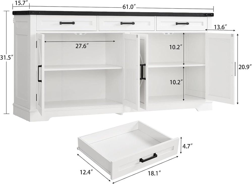 usikey 61” Large Sideboard Buffet Cabinet with 4 Doors and 3 Drawers, Farmhou...