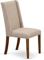 NKFL9-AWA-04-9-Piece Kitchen Table Set Includes a Kitchen Table and 8 Light Tan Linen Fabric Dining Chairs with Padded Chair Back - Antique Walnut Finish.