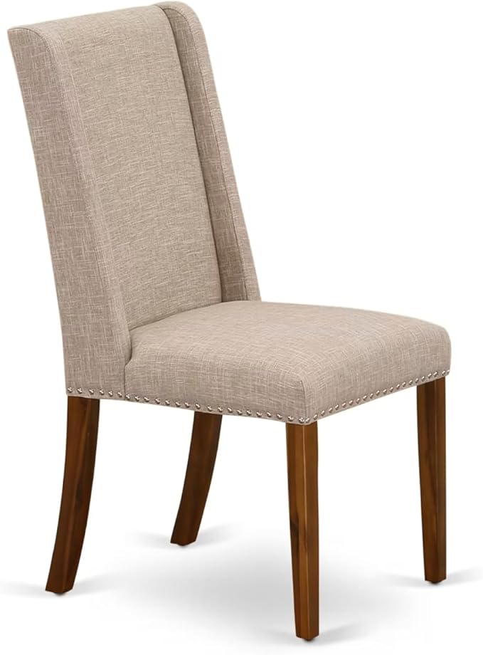 NEFL7-AWA-04-7-Piece Dining Table Set Includes a Rectangular Table and 6 Light Tan Linen Fabric Kitchen Chairs with Padded Chair Back - Antique Walnut Finish.