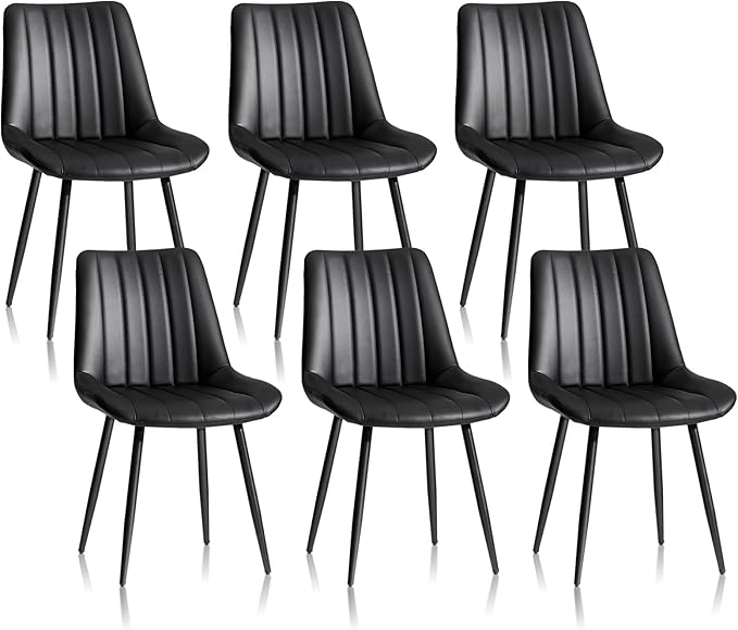 CLIPOP Dining Chairs Set of 6, Upholstered Kitchen Chairs with Comfortable Faux Leather Seat, Metal Legs, Modern Black Leather Dining Chairs, Easy Assembly