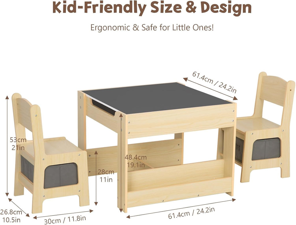 OOOK 4 in1 Kids Table and Chair Set with Storage Drawer and Book Rack | Wood Kids Craft Table with Whiteboard, Blackboard, Detachable Tabletop, Activity Table for Classroom