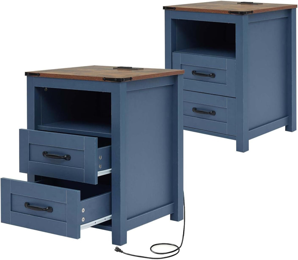 Farmhouse Nightstands Set of 2 with Charging Station, End Table with 2 Drawer...