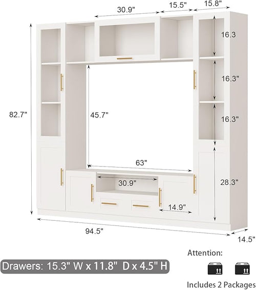 4-Piece Wall Unit TV Stand for TVs Up to 70", Modern Entertainment TV Wall Unit with Shelves, Large Wall Media Center for Living Room, White