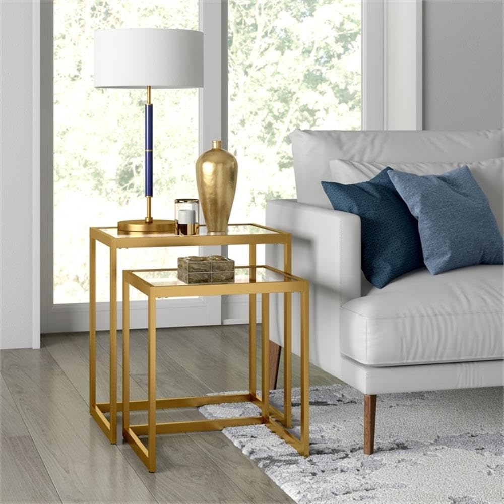 MAKLAINE Contemporary Metal/Tempered Glass Side Table, 22 in, Brass Finish, H...