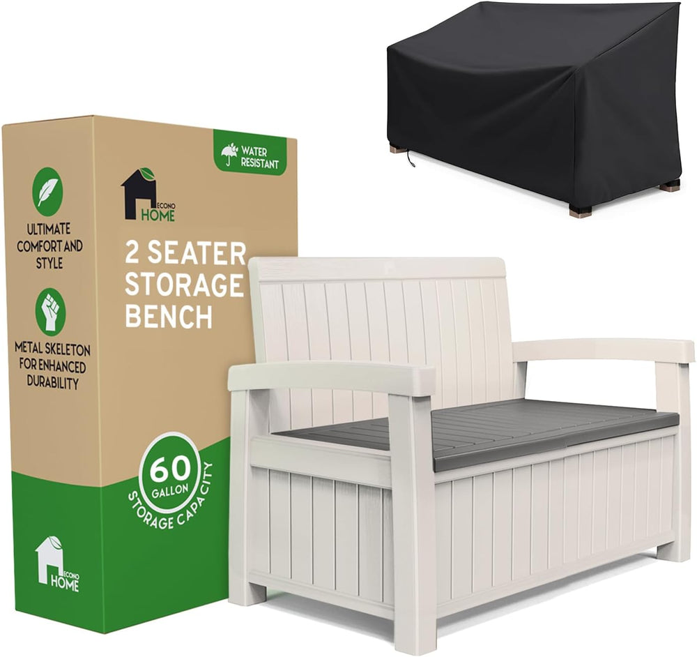 EconoHome 2 Seat Outdoor Storage Bench with Rain Cover - 60 Gallon Capacity -...