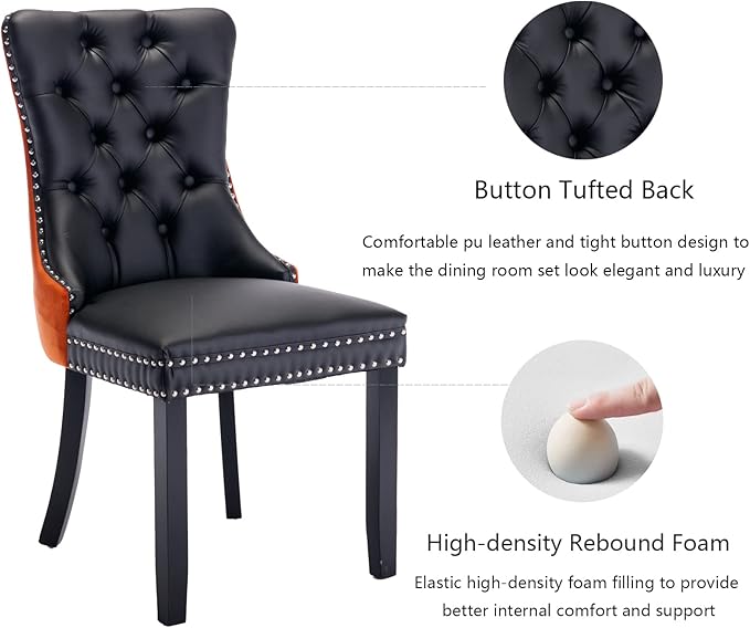 Dining Chairs Set of 4, Upholstered Dining Room Chairs with Back Ring Pull Trim and Solid Wooden Legs, Modern Tufted Kitchen Chairs Perfect for Dining Room, Black Pu Leather Splicing Orange Velvet