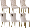 Velvet Dining Chairs Set of 6, Modern Tufted Dining Room Chair, Upholstered Dining Chairs with Lion Head Pulls Ring and Golden Solid Wood Legs, Luxury Kitchen Chairs for Dining Room, Beige