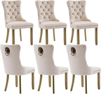 Velvet Dining Chairs Set of 6, Modern Tufted Dining Room Chair, Upholstered Dining Chairs with Lion Head Pulls Ring and Golden Solid Wood Legs, Luxury Kitchen Chairs for Dining Room, Beige