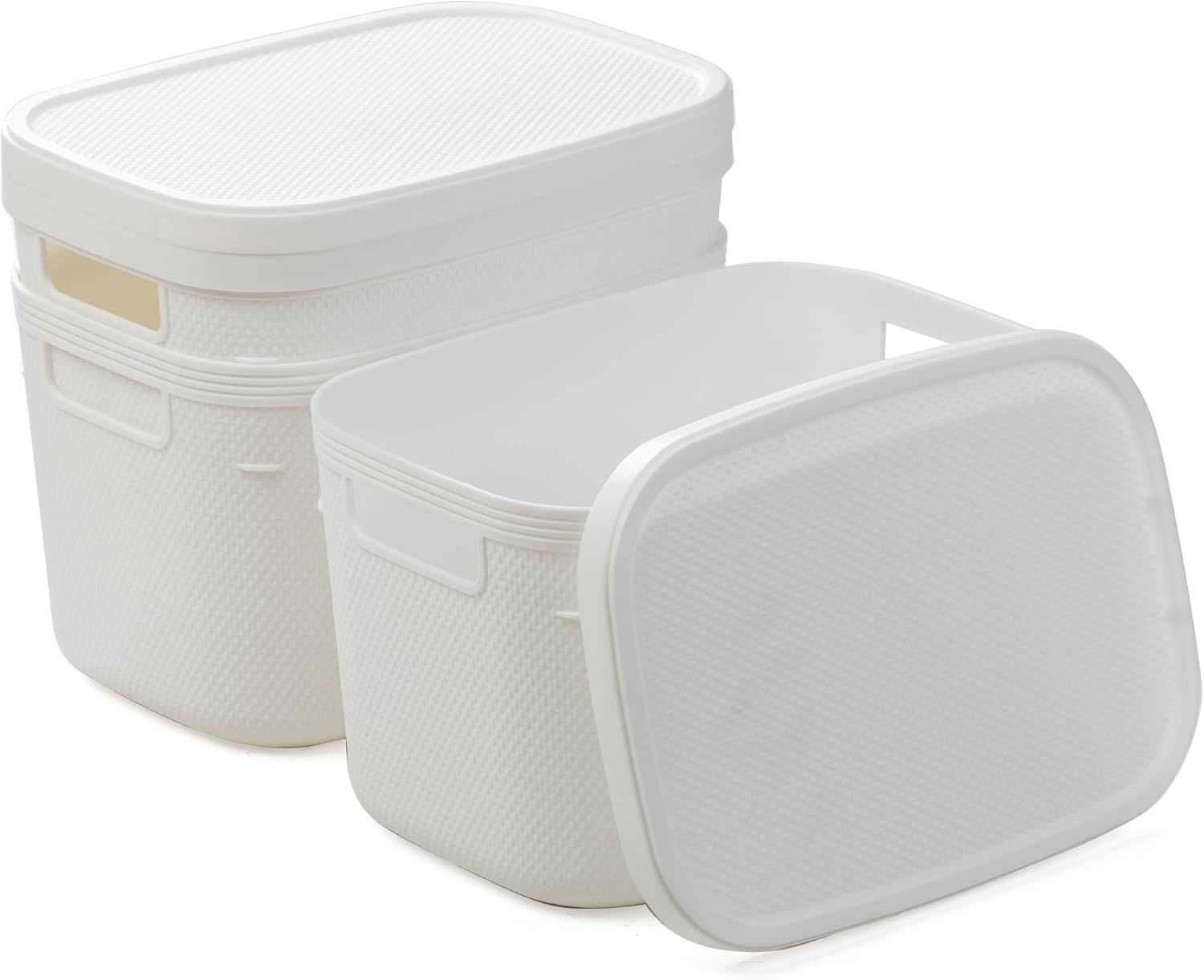 BINO | Plastic Storage Bins with Lids, 5.5 Liter - 3 Pack, White | THE TWILL COLLECTION | Plastic Bins for Organization | Woven Storage Baskets for Organizing | Pantry Shelf Organizer Basket Bin