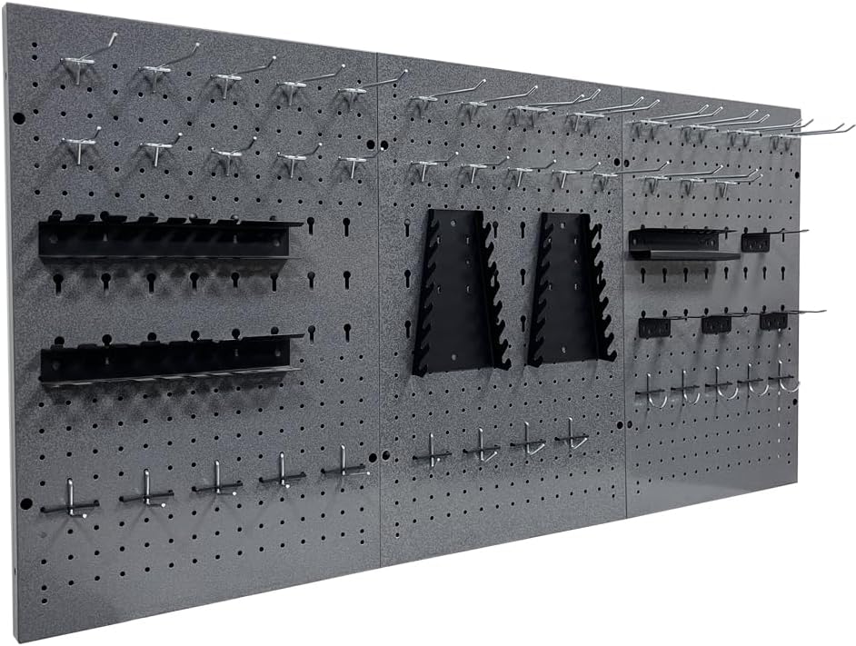 JZD 115 PCS Metal Pegboard Wall Organizer 3 Packs Metal Pegboard Kit 66x24 Inch Pegboard Panels Tool Organizer Kit with Accessories Hooks for Garage, Tool Storage,Craft Room