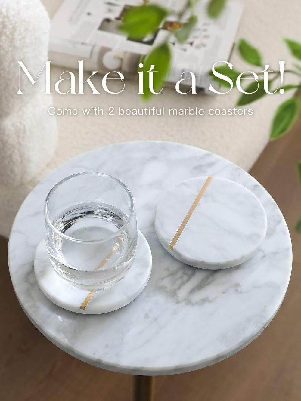 Adjustable 10" White Marble Drink Table with 2 Coasters, Antique Brass⁠ ...