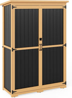 Outdoor Storage Shed with Adjustable Shelf, Wood & Metal Storage Cabinet Waterproof with Lockable Doors & Sloping Roof,Vertical Garden Shed for Patio Backyard, Tool Shed and Accessories, Brown