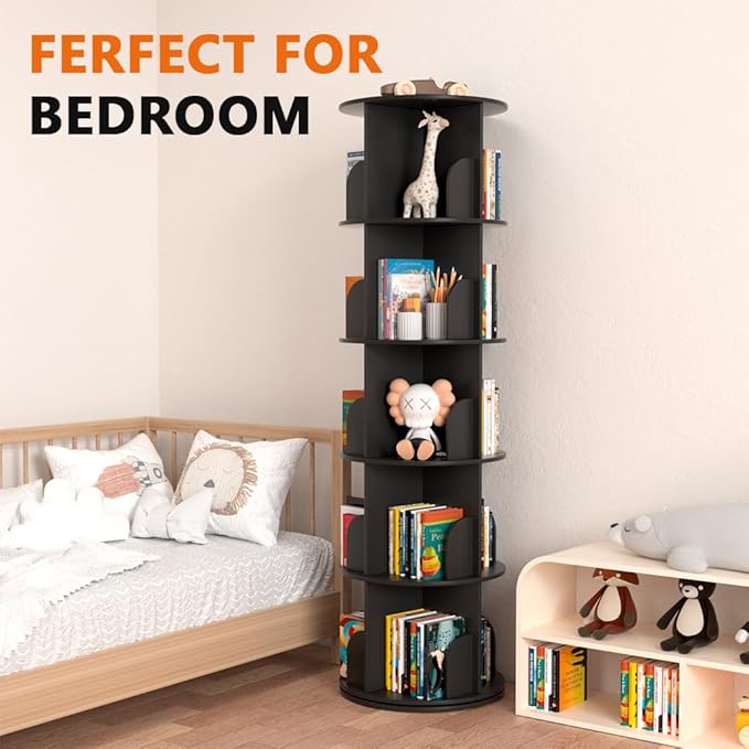 Nidouillet Rotating Bookshelf Tower, 5 Tier Spinning Bookcase Lazy Susan, Revolving 360 Book Shelf Storage Round Organizer, Vertical Rotate Turning Corner Book Case for Small Space, Black