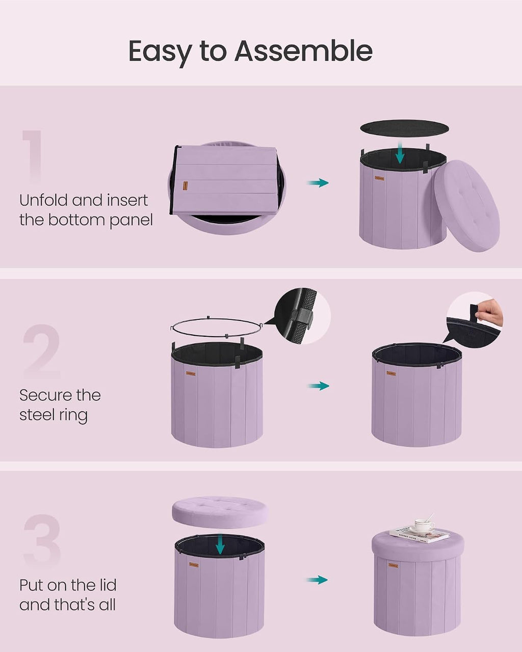 SONGMICS Mazie Collection - Round Storage Ottoman, Folding Footrest Stool with Removable Lid, Easy Assembly, Velvet Vanity Stool for Bedroom, Living Room, Entryway, Purple ULSF608PE01