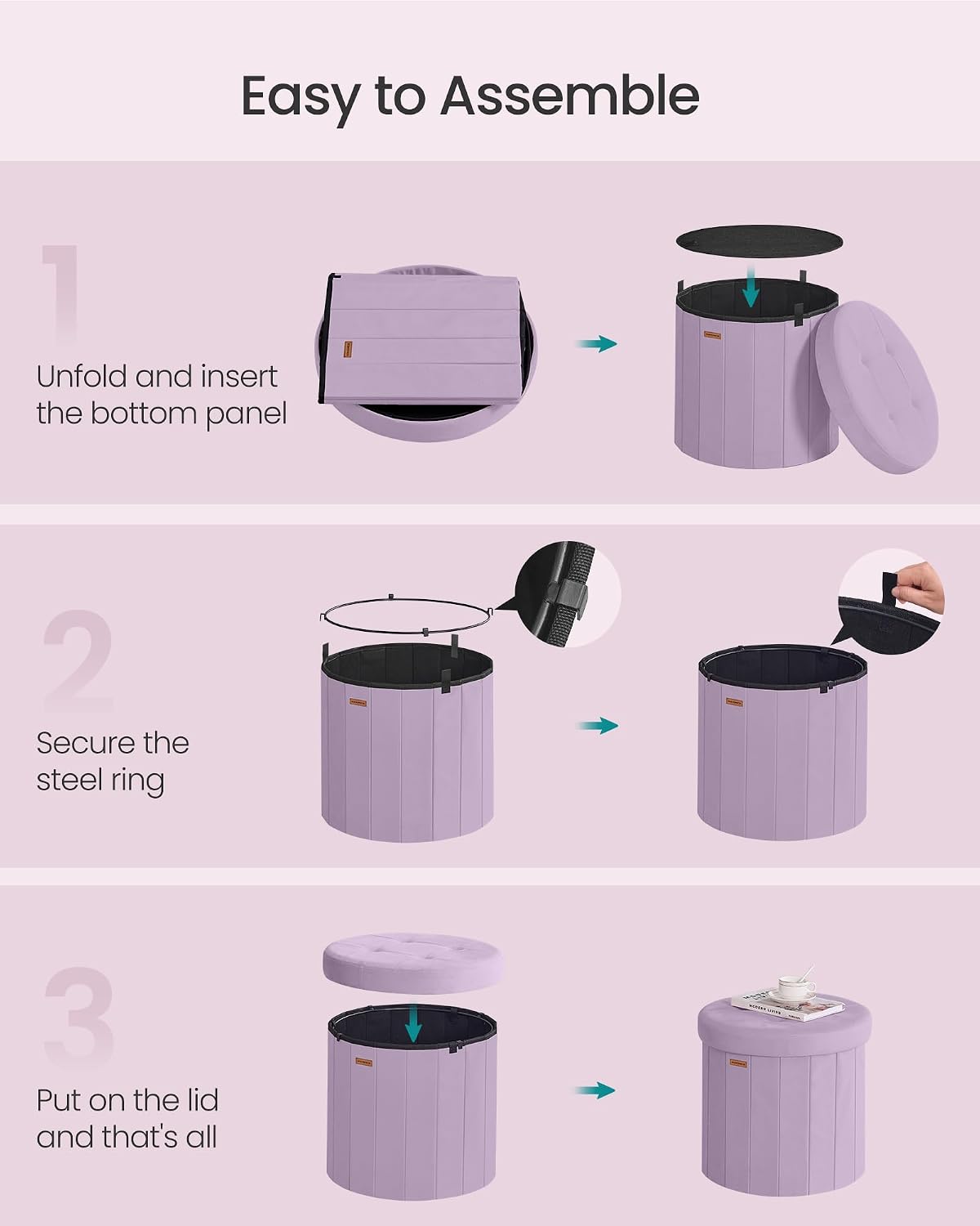 SONGMICS Mazie Collection - Round Storage Ottoman, Folding Footrest Stool with Removable Lid, Easy Assembly, Velvet Vanity Stool for Bedroom, Living Room, Entryway, Purple ULSF608PE01