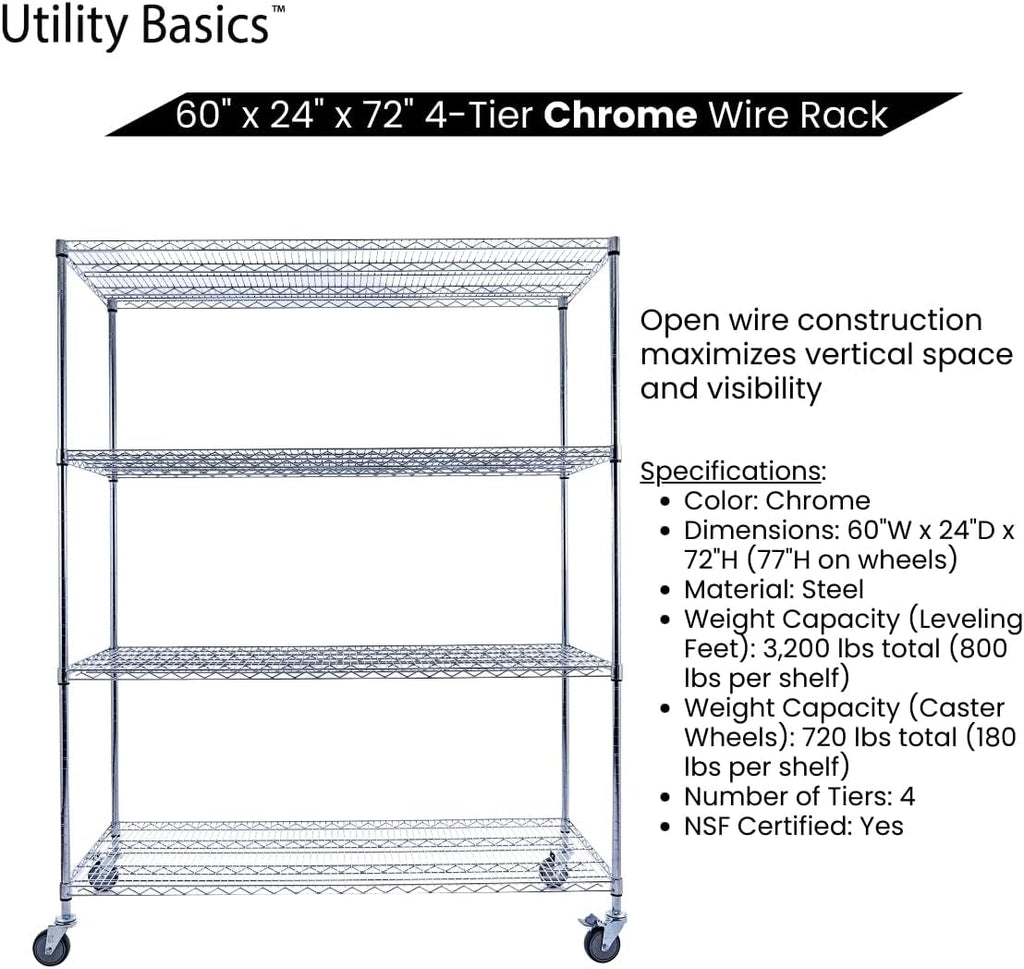 NSF Commercial 4-Tier Wire Shelving with Wheels, 60"x24"x72" Heavy Duty Metal Shelves 3200 lbs Max Capacity, Chrome Storage Rack for Garage Kitchen Pantry Warehouse