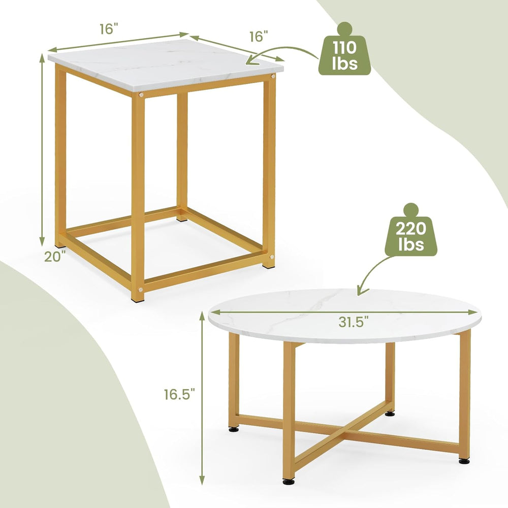 COSTWAY Coffee Table Set of 3, Round Faux Marble Coffee Table and 2 Square En...