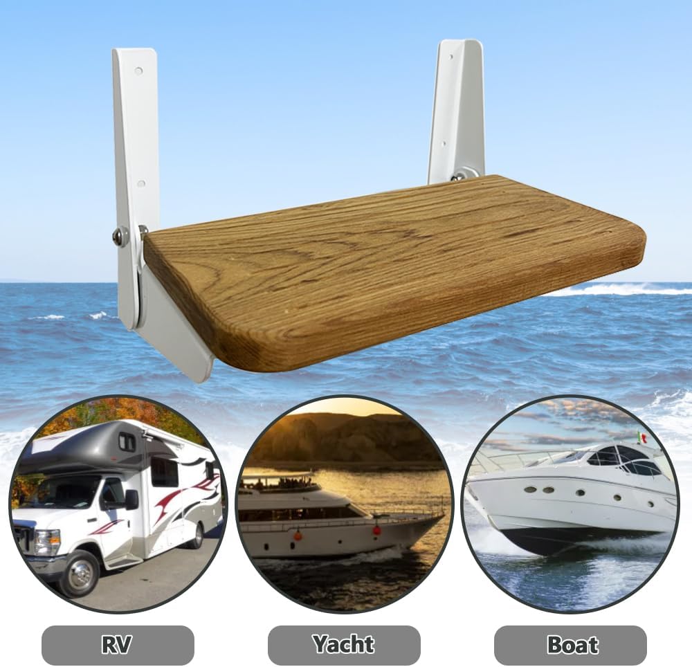 Boat Fold-Up Footrest, RV Wall Mounted Foldable Step with Teak and Aluminum H...