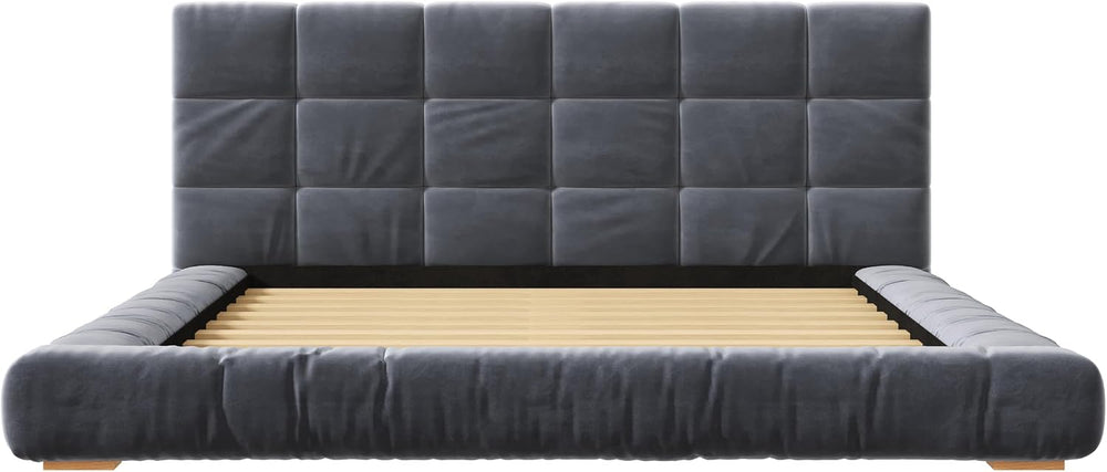 Queen Upholstered Velvet Platform Bed Frame with Tufted Headboard，Gray#03