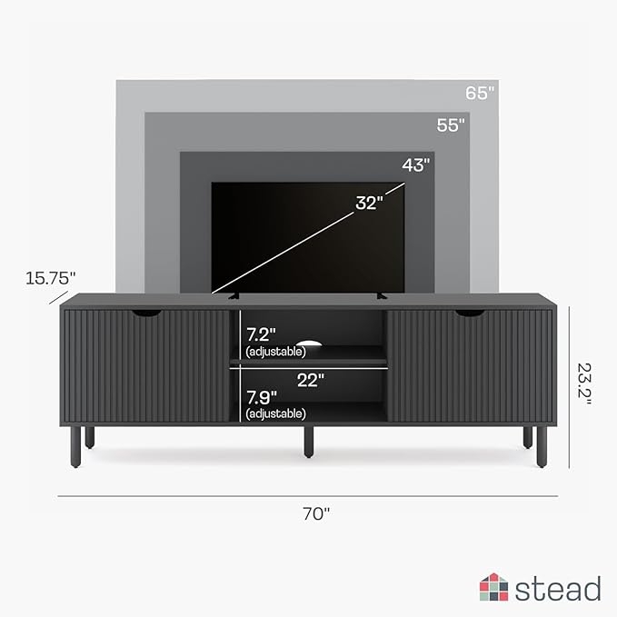 Fluted Wood TV Stand - Soft-Close Doors & Adjustable Shelves TV Console with Storage - Cable Management Entertainment Center - Fluted Doors Hide Components Media Stand - Black, 70