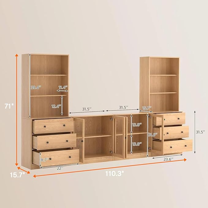 TUSY 71" Large TV Stand Set - TV Entertainment Center for TVs up to 65", Media Center with Tempered Glass Doors and Drawer, TV Hutch with Bookshelves for Living Room (Wood, BDDB)