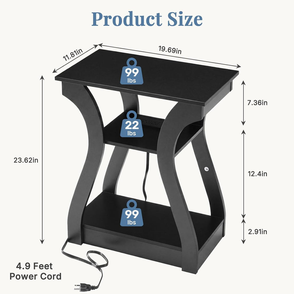 OLIXIS 3 Tier End Table with Charging Station, Modern Curved Nightstand Side Table with USB, Type-C Port & AC Outlets, Storage Shelf Cabinet for Living Room Bedroom Home Decor, Black
