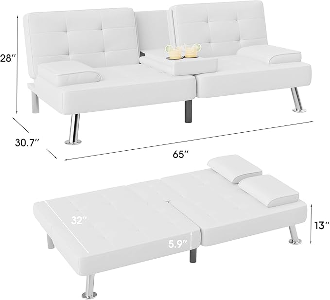 Flamaker Futon Sofa Bed Modern Folding Futon Set PU Leather Convertible Recliner Lounge for Living Room with 2 Cup Holders, Removable Armrests (PU Leather, White)