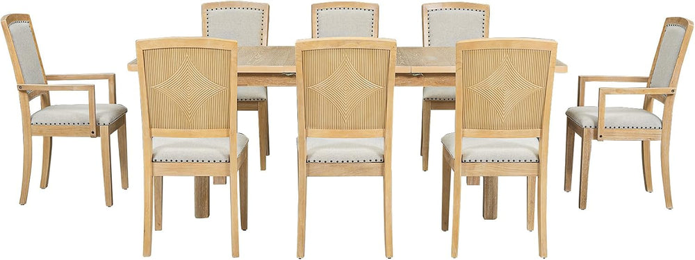 9-Piece Dining Table Set, Extendable 84", 6 Chairs + 2 Armchairs