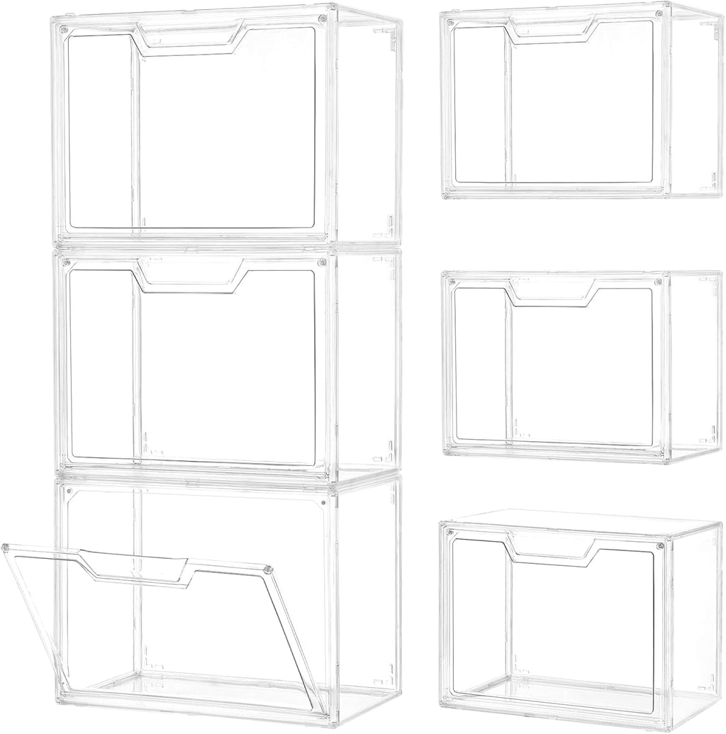 3 Pack Clear Storage Bins with Lids, Storage Containers with Magnetic Door, Stackable Acrylic Display Case for Handbags, Cosmetic, Multifunctional Storage Boxes for Dorm, Living Room, Bedroom Storage