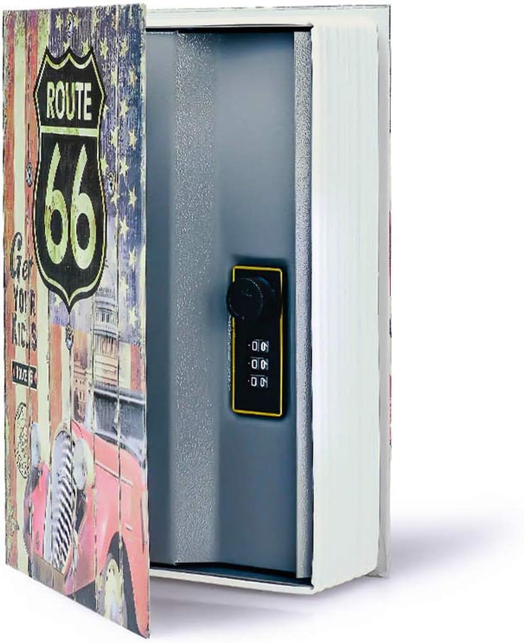 Diversion Book Safe Storage Box (9.5"×6"×2.2"), Dictionary Secret Safe Can with Security Combination Lock, Diversion Book Hidden Safe (Route 66 Road, Code)