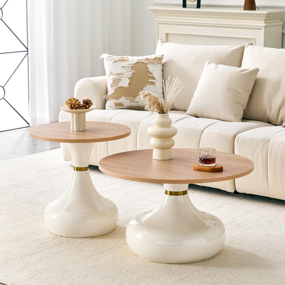Affordable Luxury Gourd-Shaped Nesting Coffee Table Set. (Off White + Wood + ...