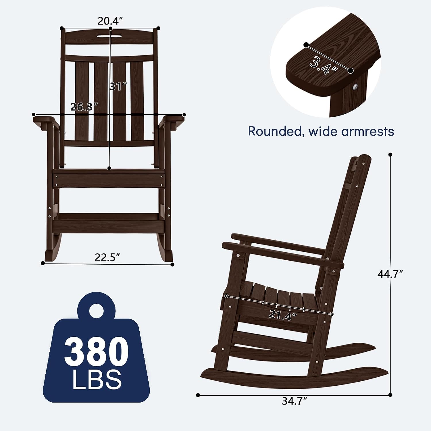 Oversized HDPE Outdoor Rocking Chair Set of 2, All-Weather, Coffee | Heavy Duty Patio Rockers with High Back, Extra Large & Extra Wide, Supports up to 380lbs, Perfect for Porch, Lawn, Garden