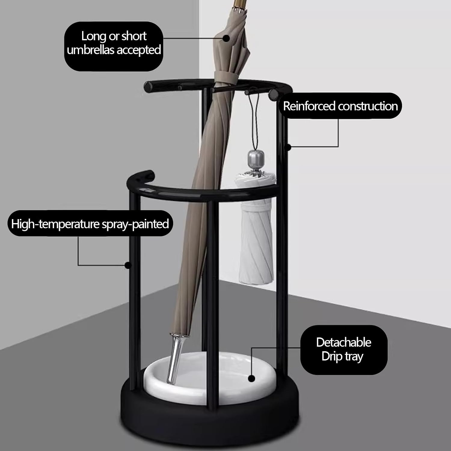 Metal Umbrella Stand, Modern Holder with Removable Water Tray, Standing Cane Storage Organizer for Home, Office, Hotel