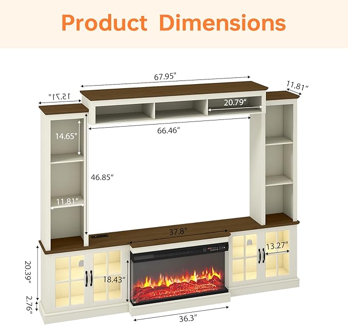 White 98” Farmhouse TV Stand with Fireplace, Entertainment Center, Wall Unit Media Console with Bookshelf, Cabinet & Power Outlets & Barn Doors, Fits TVs Up to 75” for Living Room