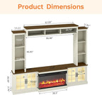 White 98” Farmhouse TV Stand with Fireplace, Entertainment Center, Wall Unit Media Console with Bookshelf, Cabinet & Power Outlets & Barn Doors, Fits TVs Up to 75” for Living Room