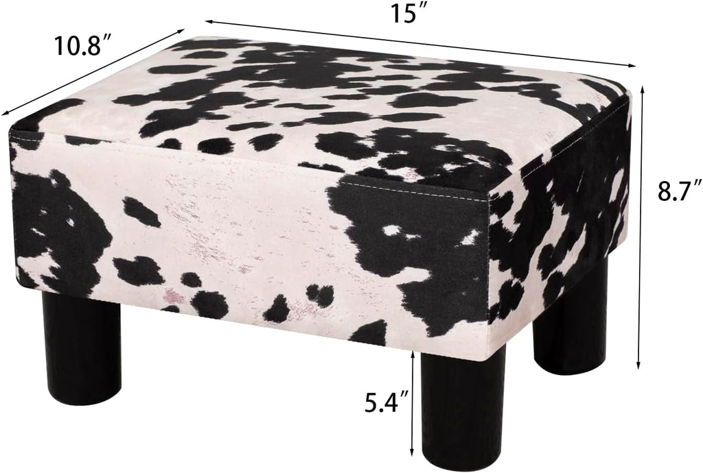 Adeco Small Cow Print Ottoman Foot Stool with Legs, Small Footstool, Fabric Seat with Thick Cushion, for Living Room, Bedroom, Entryway, 335 lb Weight Capacity