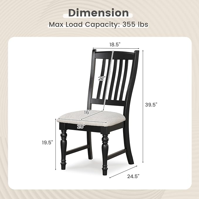 Giantex Wood Dining Chairs Set of 4, Farmhouse Black Kitchen Chairs with Solid Wood Frame, Max Load 355 Lbs, Armless Upholstered Dining Side Chairs with Cushion Seat, Slat Back Dining Room Chair