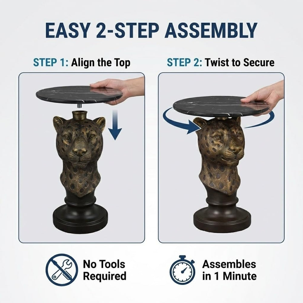 Leopard Head Accent Table with Faux Marble Top & Lifelike Texture, Animal...