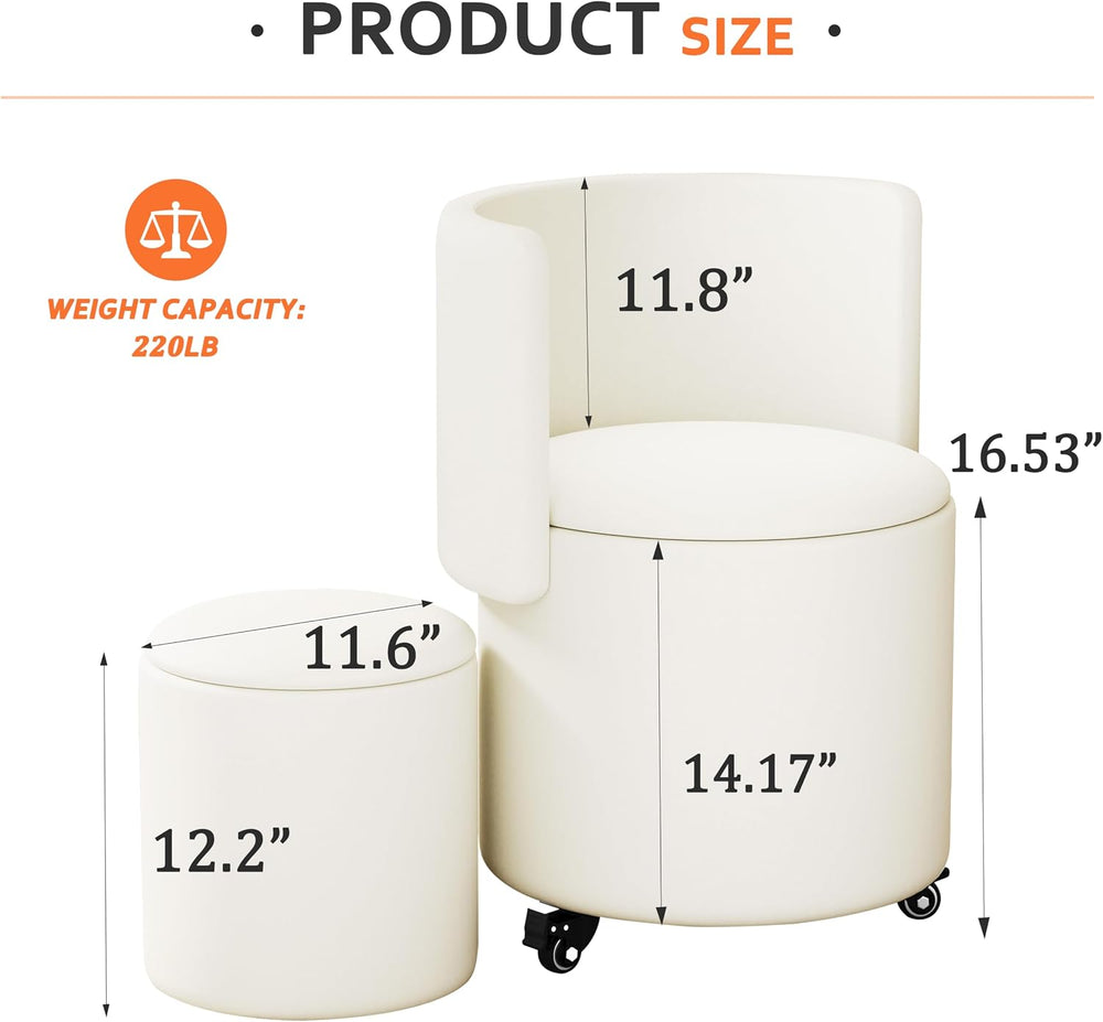Round Vanity Chair with Storage, Rolling PU Leather Swivel Work Makeup Stool ...
